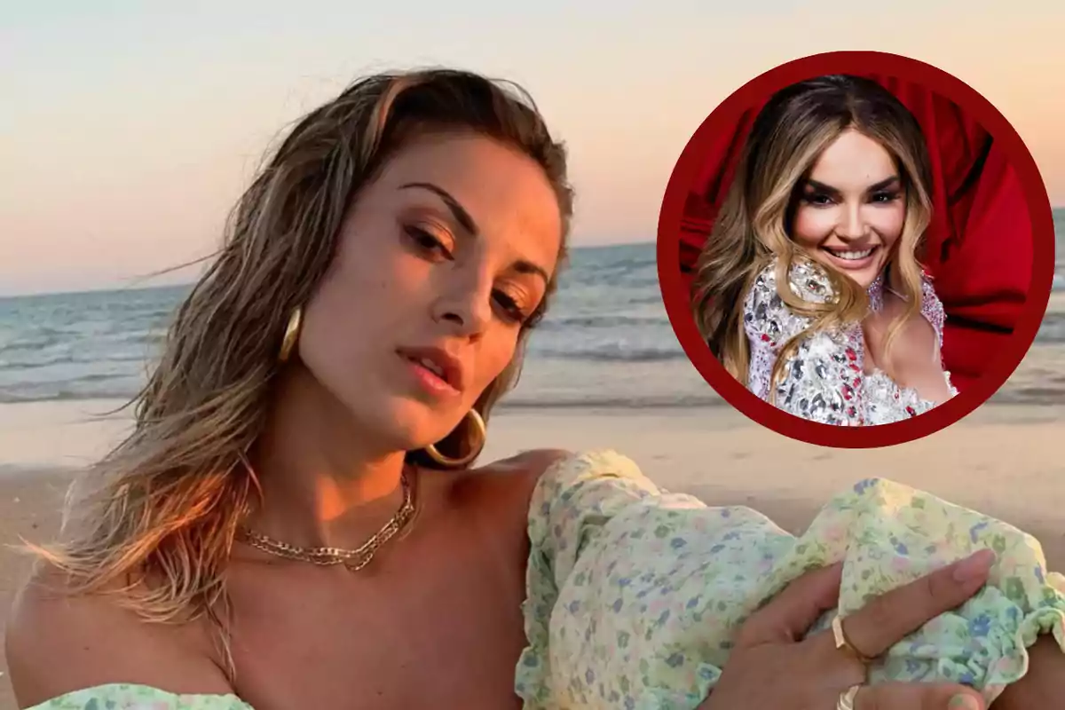 Una persona posando en la playa al atardecer con un recuadro circular que muestra a otra persona sonriendo.