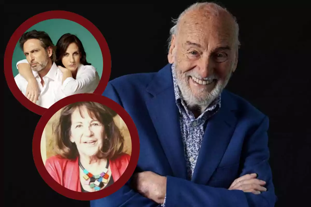 Un hombre mayor sonriente con barba y traje azul, junto a dos imágenes circulares de una pareja y una mujer mayor.