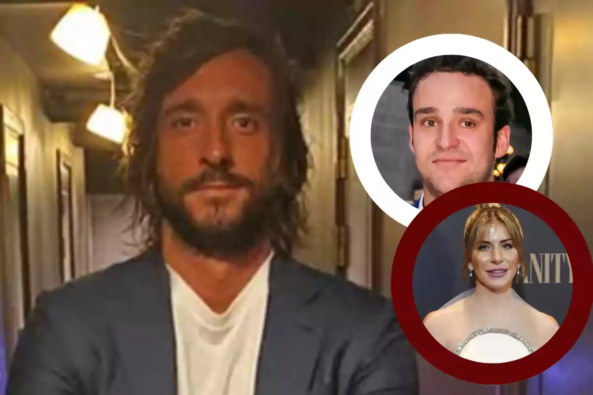 Hombre de cabello largo y barba con saco azul al centro, dos retratos circulares de un hombre y una mujer en la esquina derecha
