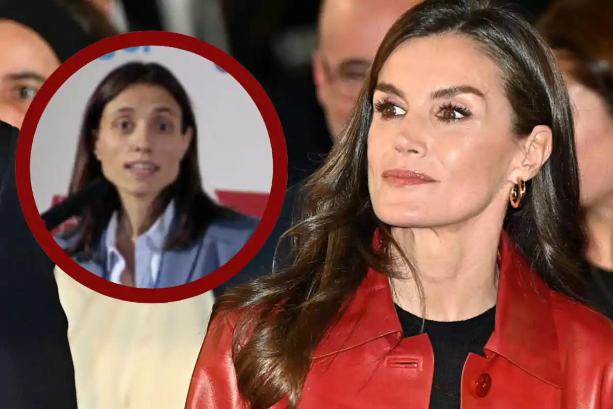 Mujer de cabello castaño con chaqueta roja en primer plano y un círculo con la imagen de otra mujer de cabello lacio y oscuro en el fondo