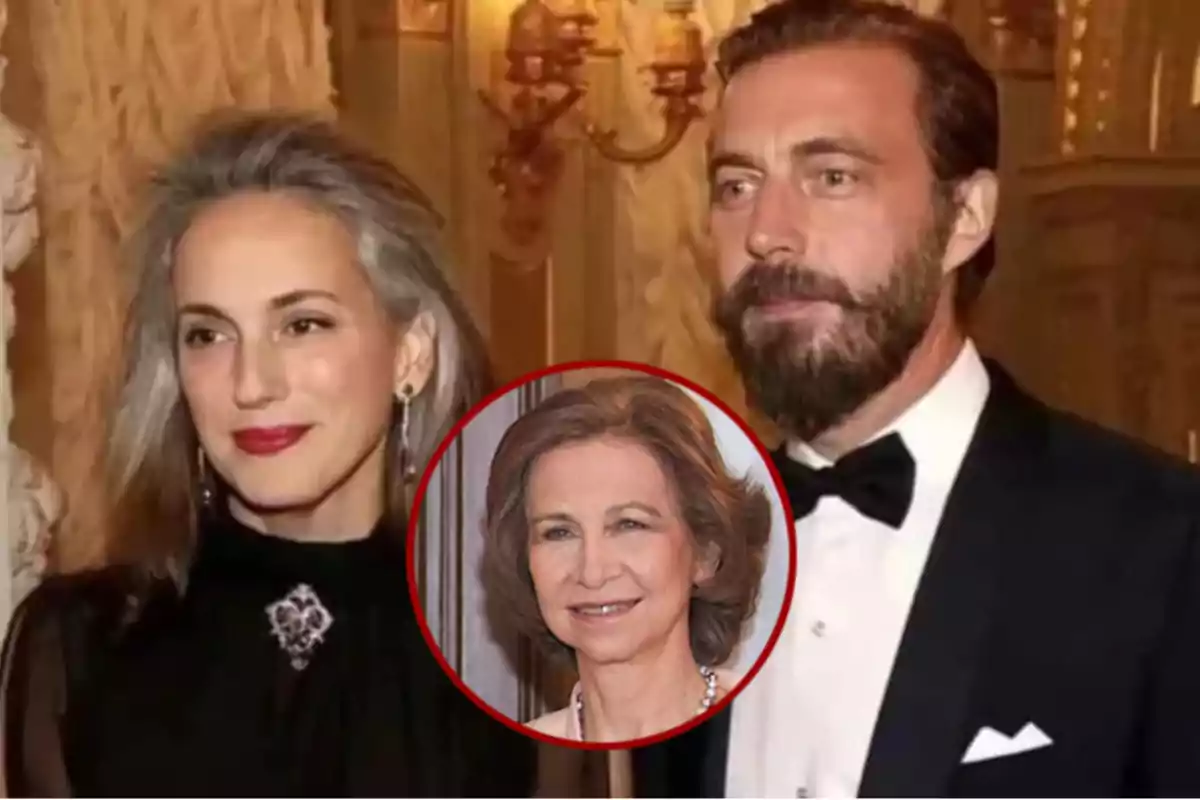 Una pareja elegantemente vestida posa en un evento formal y en el centro de la imagen aparece el rostro de una mujer mayor dentro de un círculo rojo.