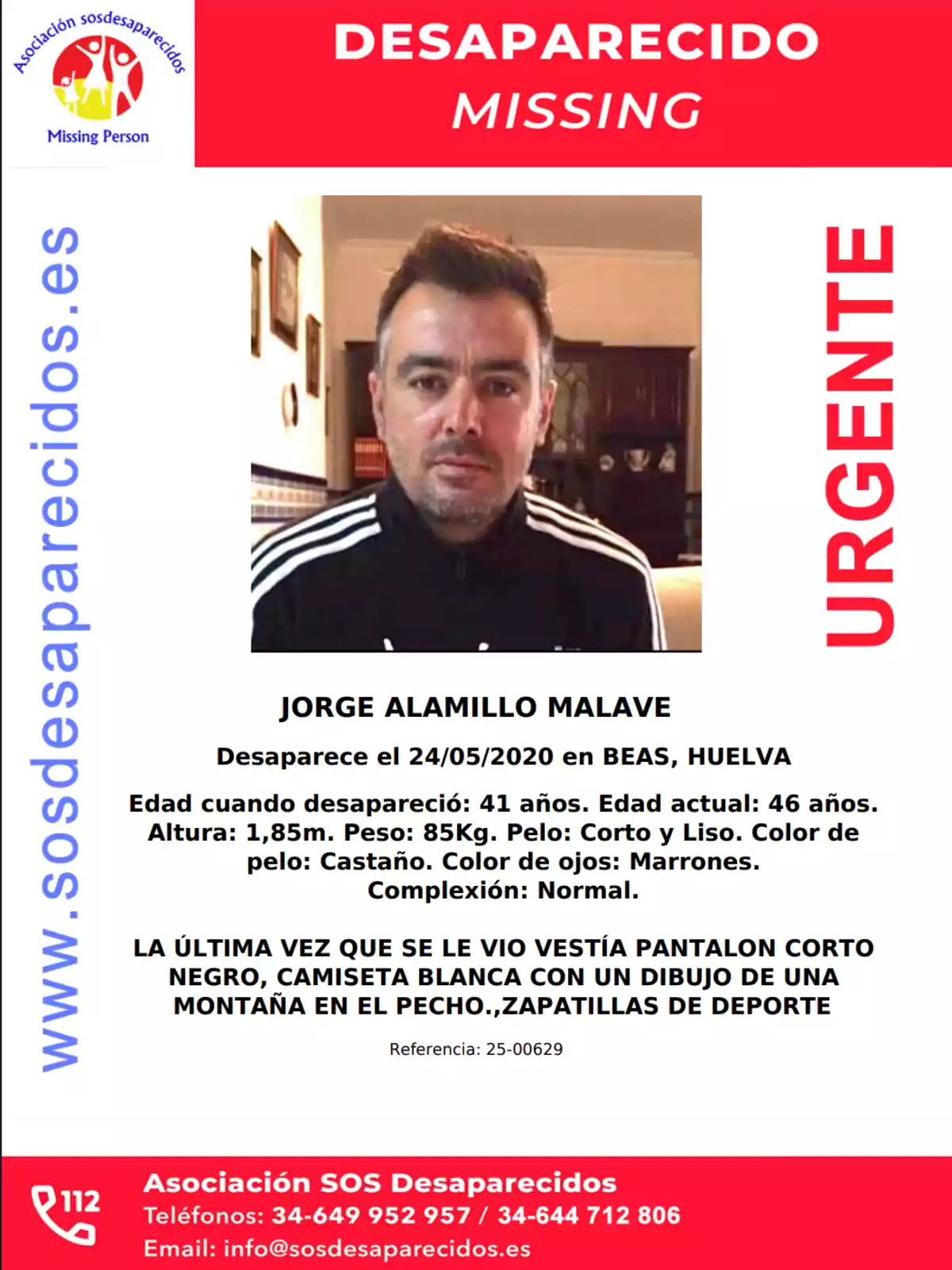Cartel de persona desaparecida con la foto de un hombre de cabello corto y barba, información personal y de contacto, y la palabra urgente en rojo Cartel de persona desaparecida con la foto de un hombre de cabello corto y barba, información personal y de contacto, y la palabra urgente en rojo