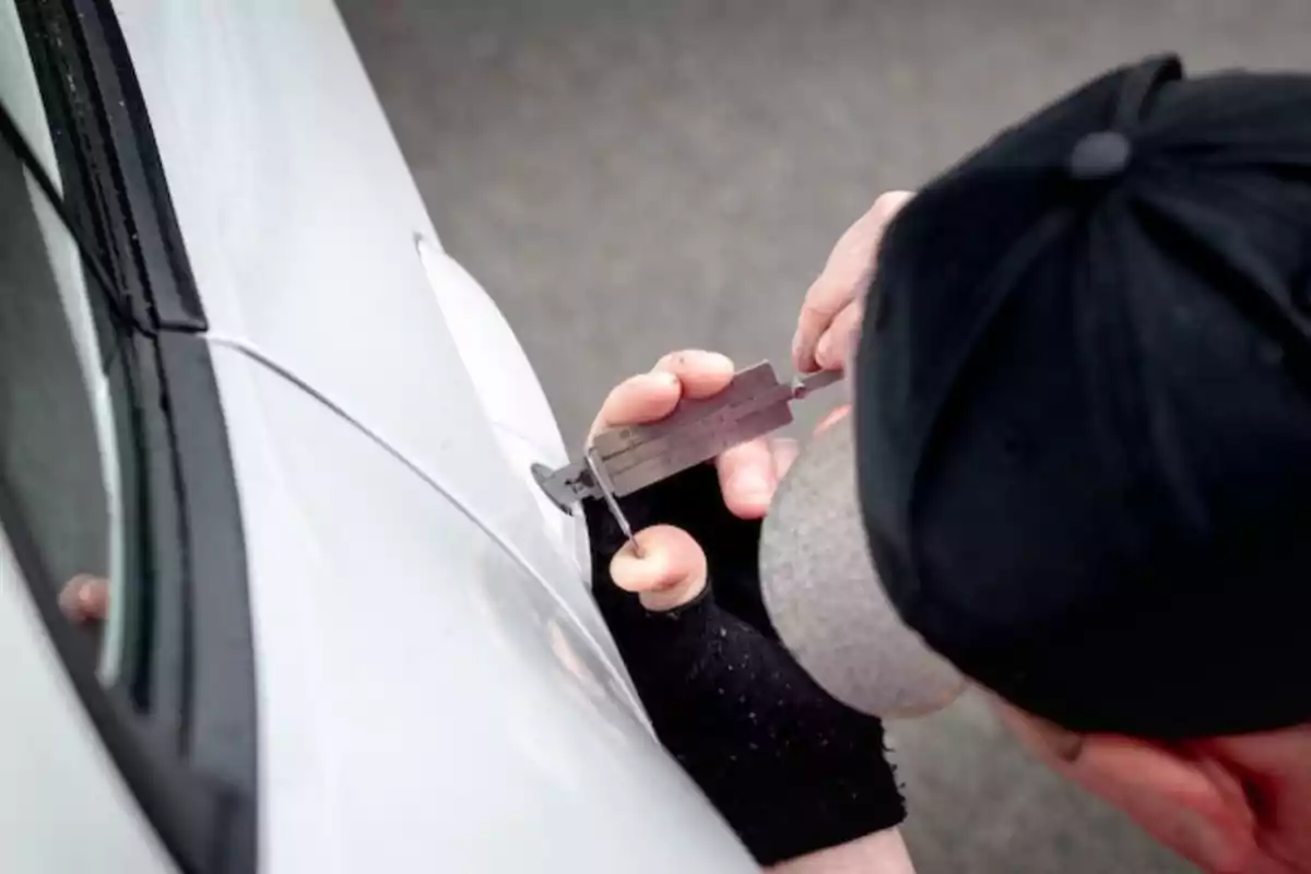 Persona intentando abrir la puerta de un coche blanco con una ganzúa