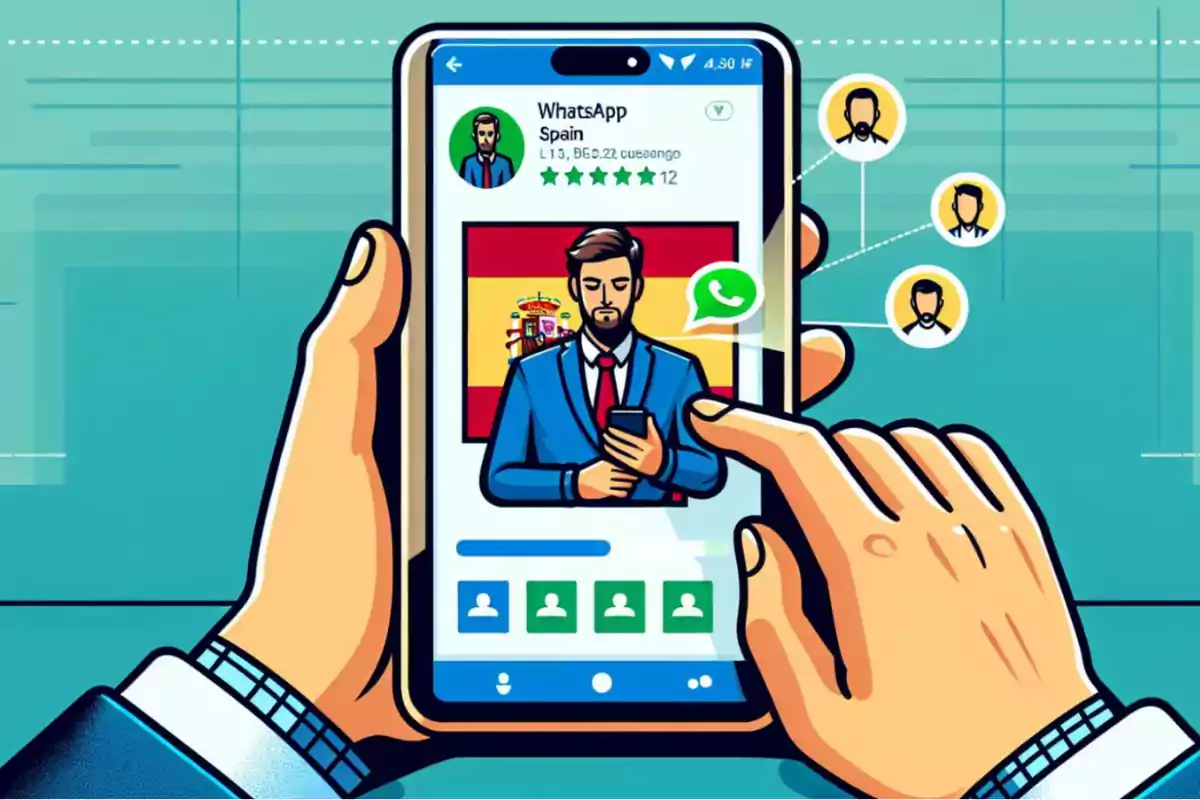Ilustración de una persona usando un teléfono móvil que muestra un perfil de WhatsApp con la bandera de España y un hombre de traje en la pantalla
