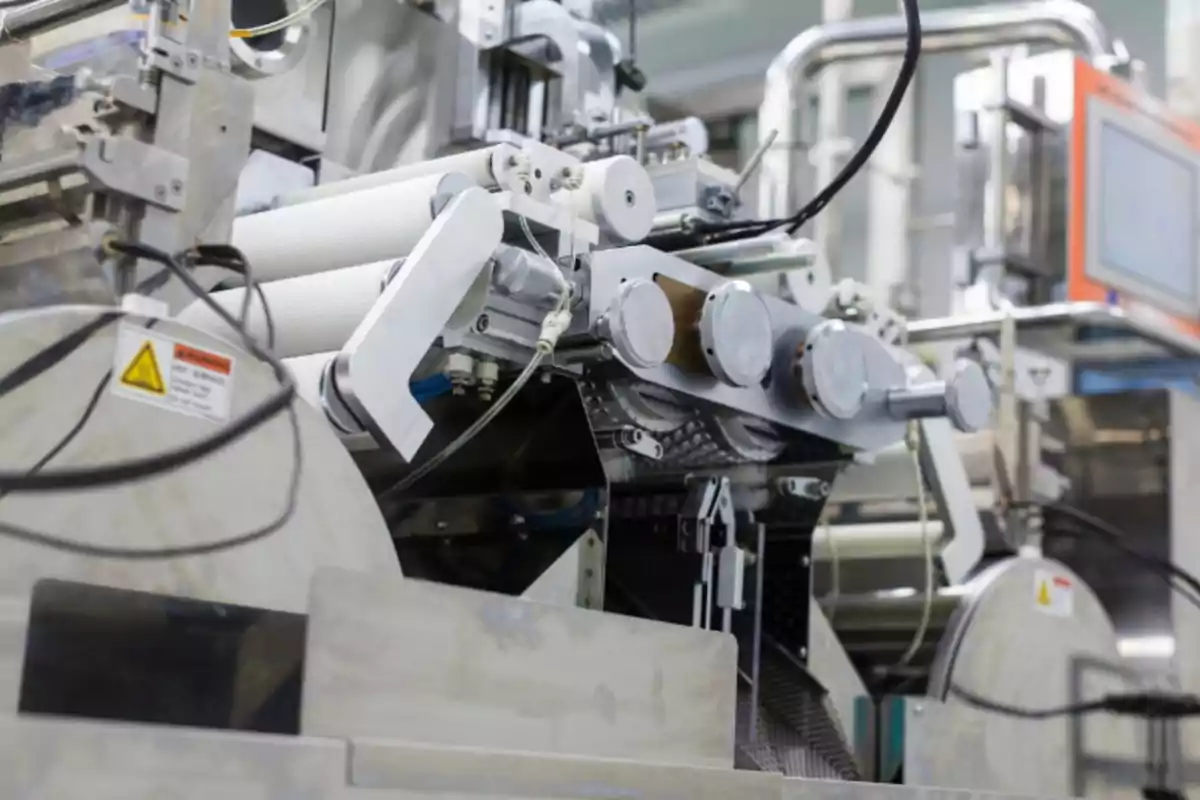 Máquina industrial de acero con rodillos y cables utilizada en un proceso de manufactura automatizada
