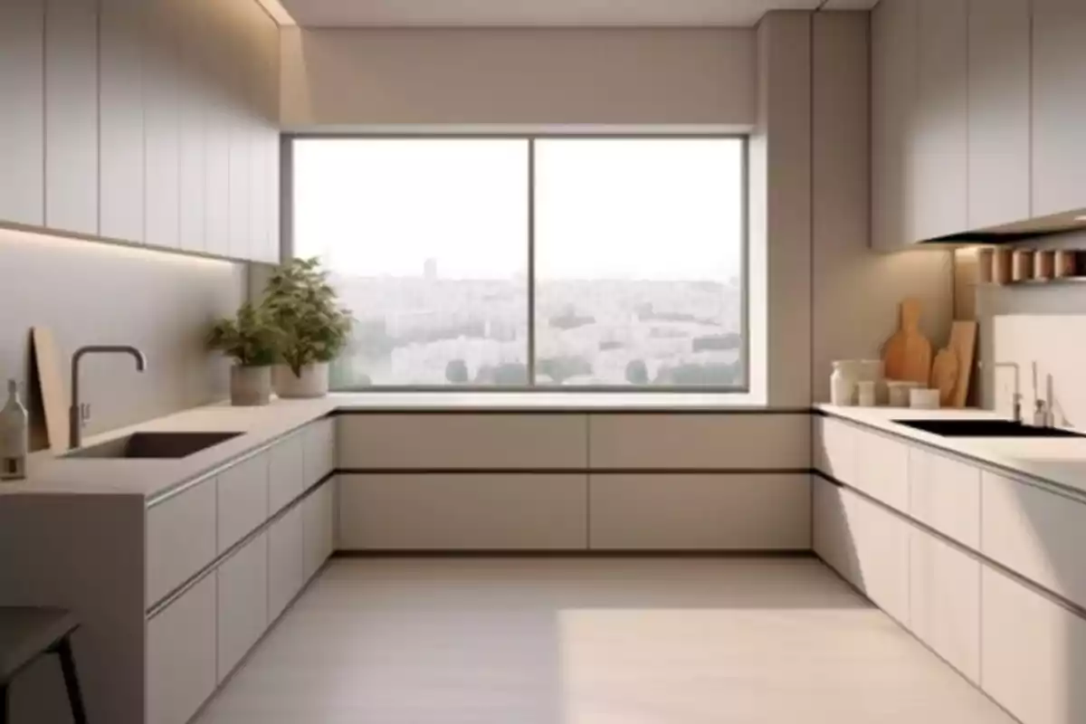 Cocina moderna de diseño minimalista con muebles blancos, una gran ventana con vista a la ciudad y detalles decorativos como plantas y tablas de cortar