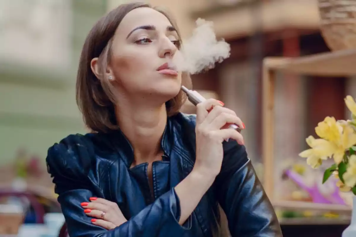 Mujer con chaqueta de cuero azul usando un cigarrillo electrónico y exhalando vapor mientras está sentada en una terraza