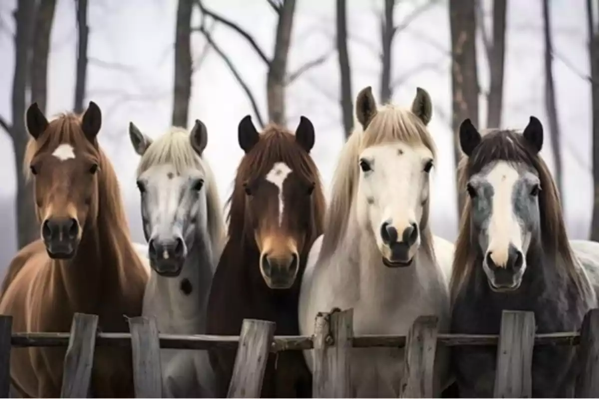 Cinco caballos de diferentes colores están alineados detrás de una cerca de madera en un entorno boscoso