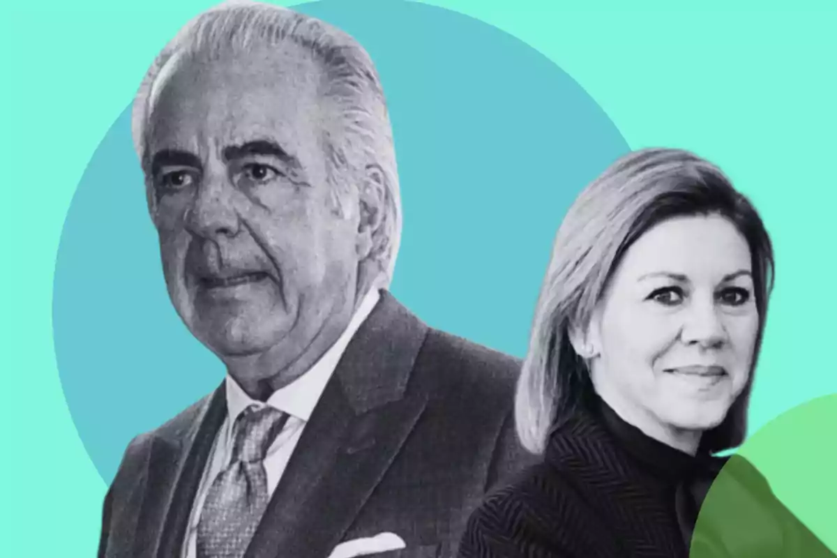 Un hombre y una mujer posan juntos sobre un fondo azul con círculos verdes.