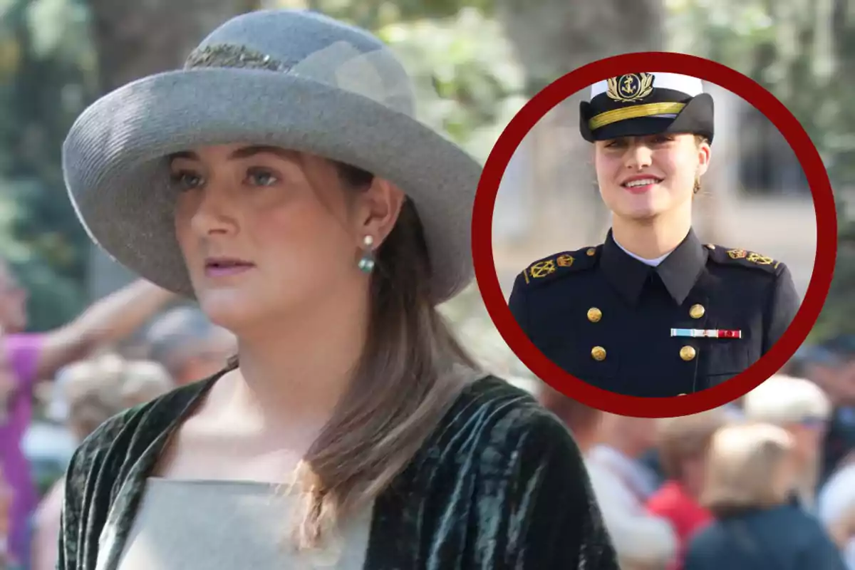 Mujer con sombrero gris y pendientes verdes en primer plano, con un recuadro circular mostrando a la misma persona vestida con uniforme militar oscuro y gorra, ambas en exteriores y con gente desenfocada al fondo