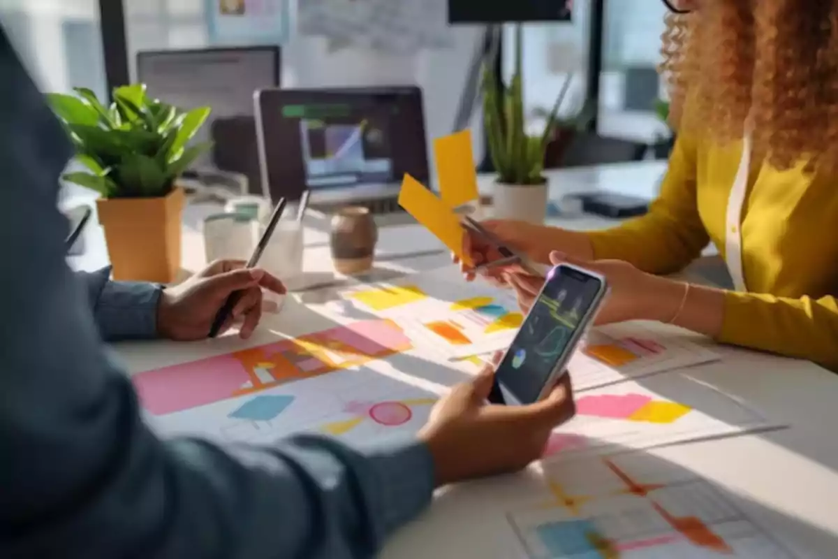 Personas colaborando en una mesa de trabajo con gráficos de colores, papeles, un teléfono móvil y plantas en un entorno de oficina moderno
