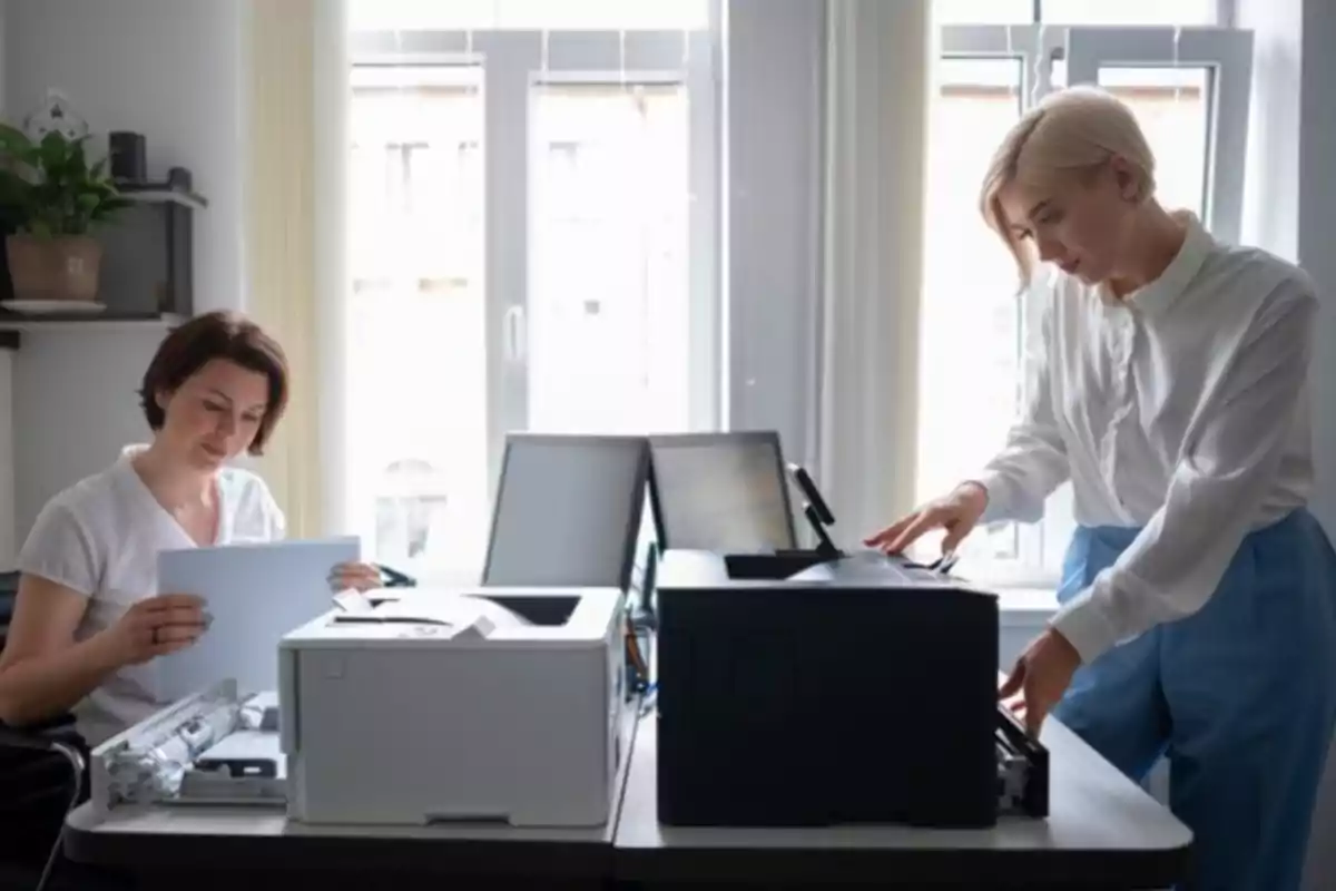 Dos mujeres trabajando en una oficina usando impresoras y revisando documentos junto a una ventana grande