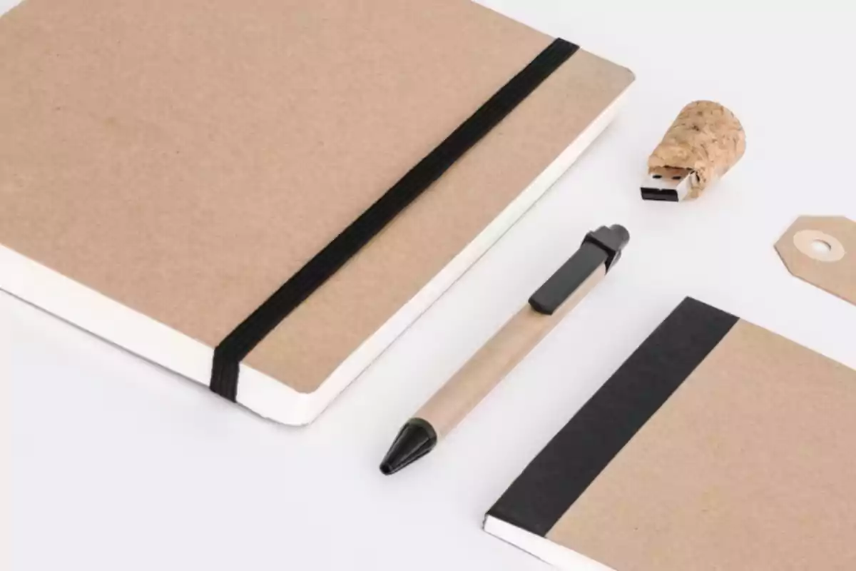 Cuaderno, bolígrafo, libreta, memoria USB y etiqueta de cartón sobre fondo blanco