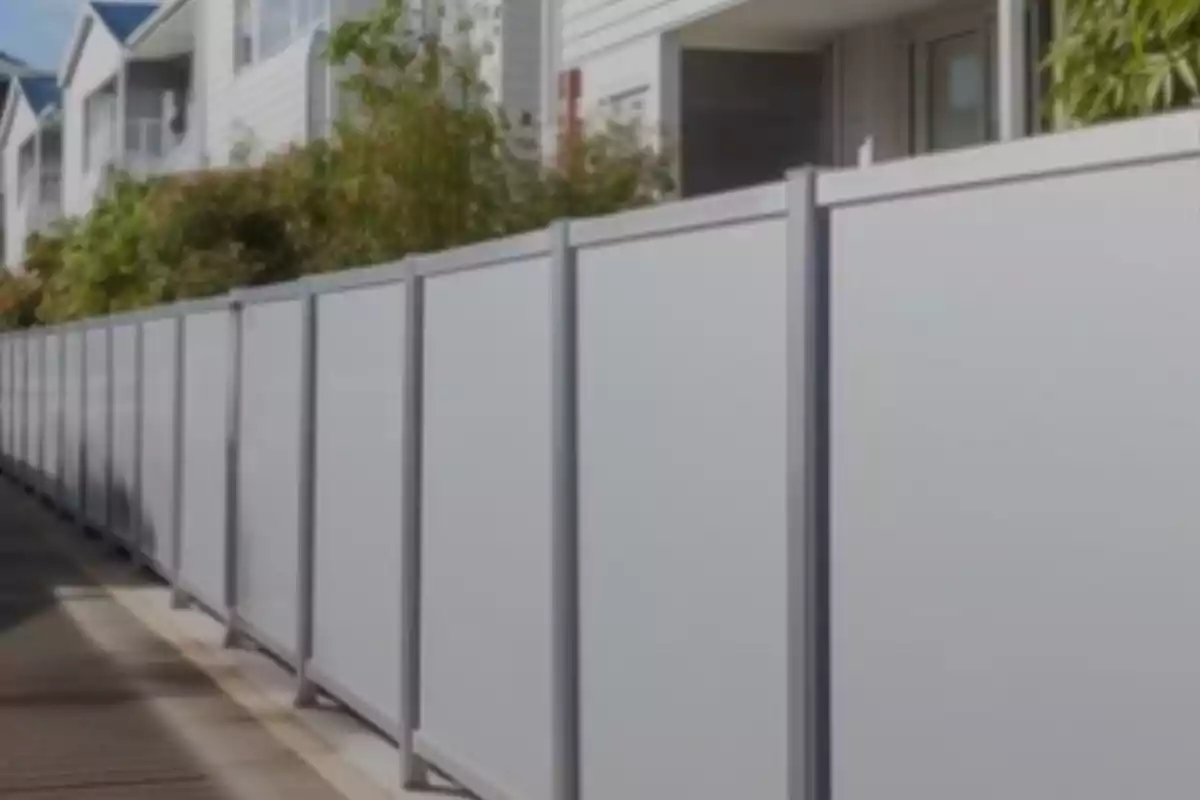 Cerca metálica gris frente a un edificio residencial moderno con plantas al fondo