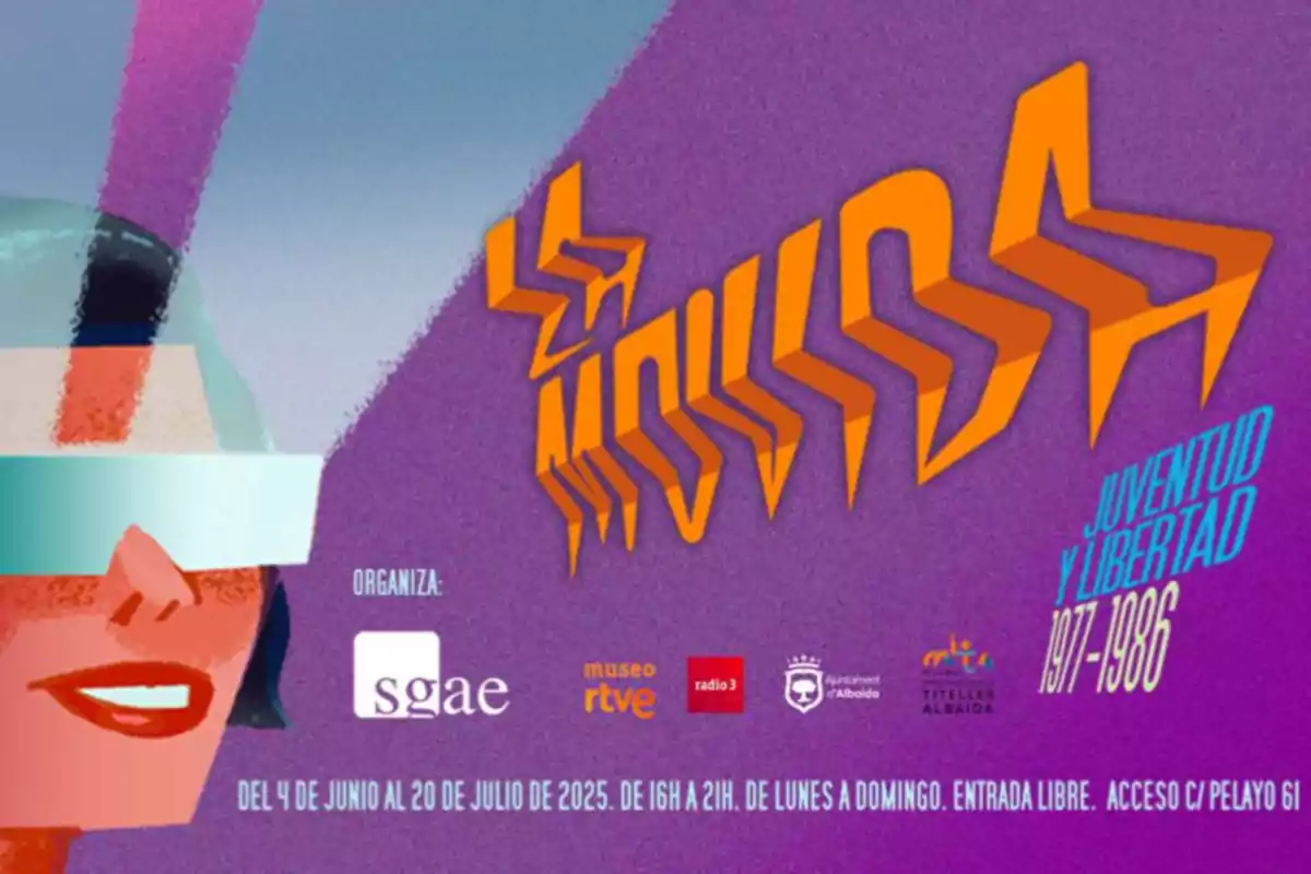 Cartel colorido de un evento llamado La Movida Juventud y Libertad 1977-1986 con ilustración de una persona usando gafas futuristas y detalles sobre la fecha, lugar y organizadores en la parte inferior