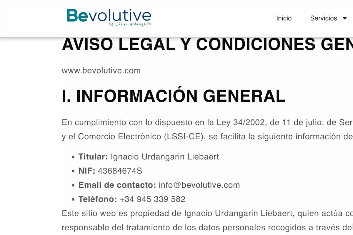 Screenshot of the legal information and general terms section of the Bevolutive website showing the owner’s name, tax ID, email address, and contact phone number Screenshot of the legal information and general terms section of the Bevolutive website showing the owner’s name, tax ID, email address, and contact phone number