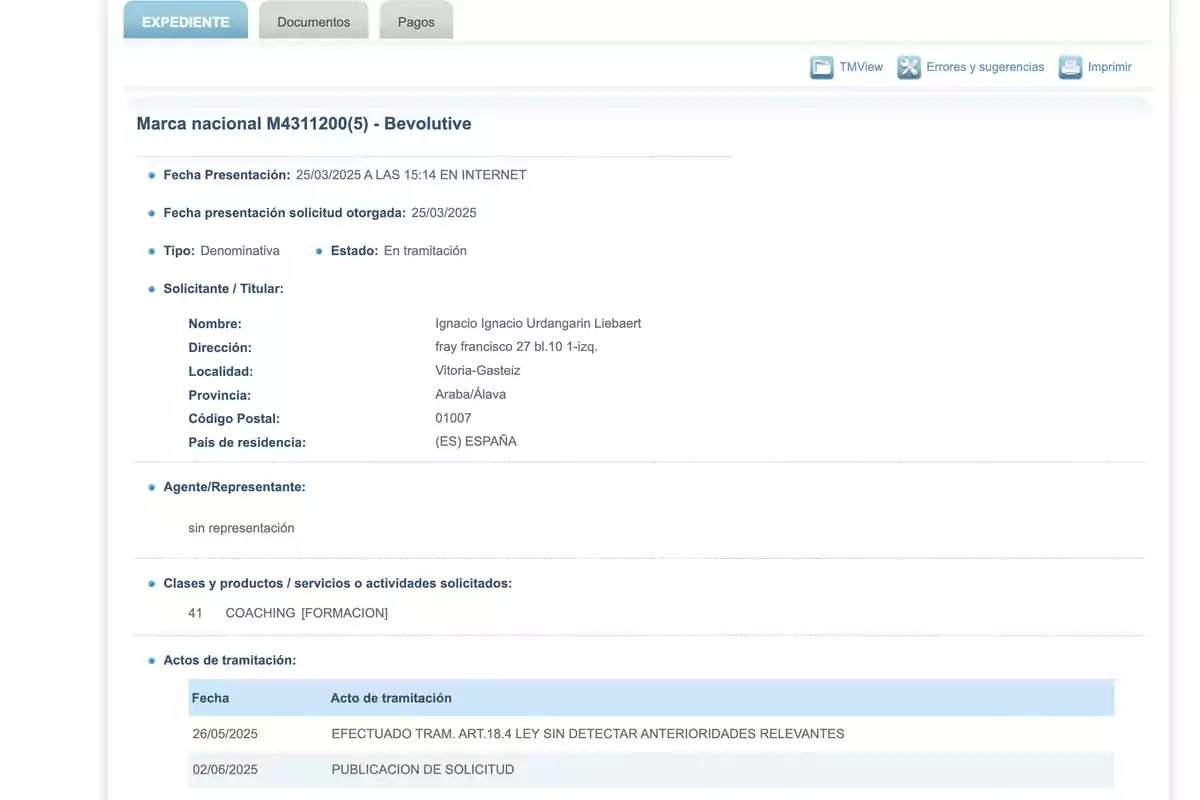 Screen of a national trademark application file with the name Bevolutive, showing applicant information, filing date, pending status, requested service class, and actions taken during processing Screen of a national trademark application file with the name Bevolutive, showing applicant information, filing date, pending status, requested service class, and actions taken during processing