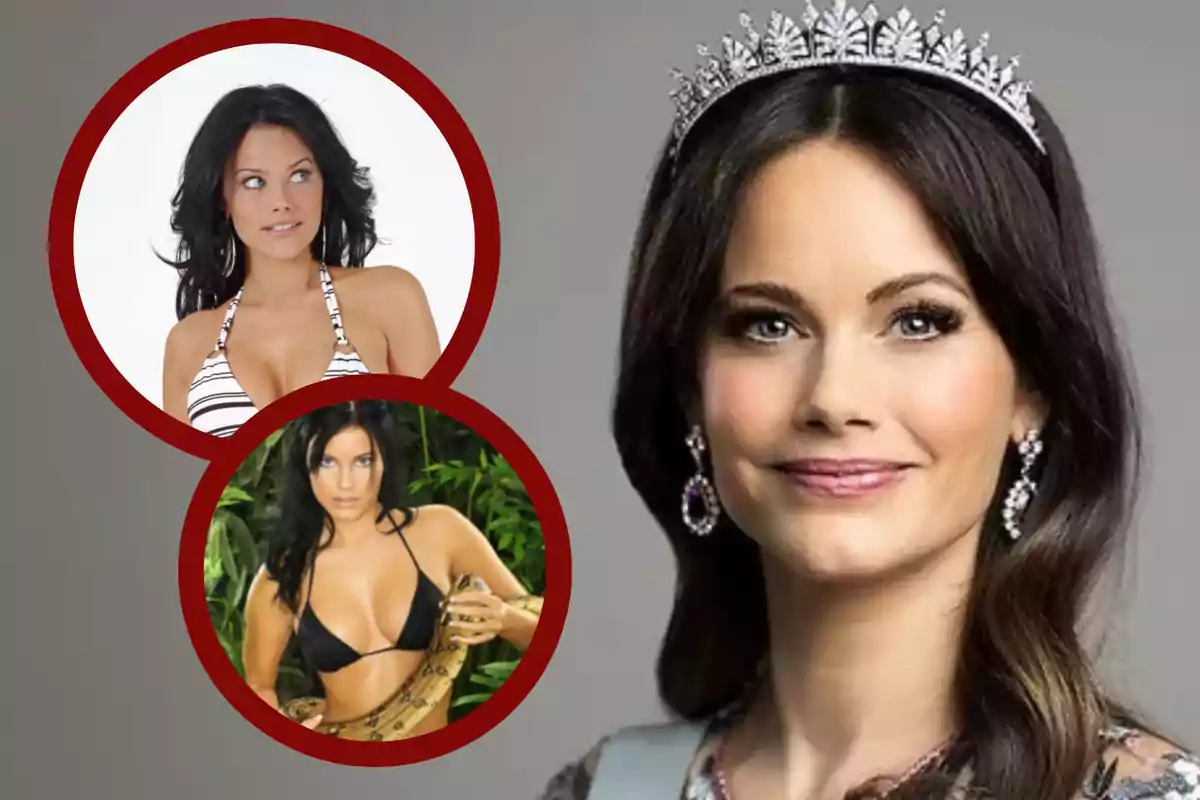Mujer con corona y aretes elegantes en primer plano, junto a dos imágenes circulares de la misma mujer en bikini