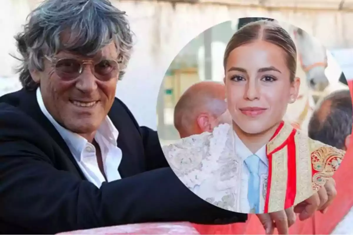 Hombre de cabello canoso y gafas sonríe apoyado en una barrera mientras una imagen circular muestra a una joven vestida de traje de luces Hombre de cabello canoso y gafas sonríe apoyado en una barrera mientras una imagen circular muestra a una joven vestida de traje de luces