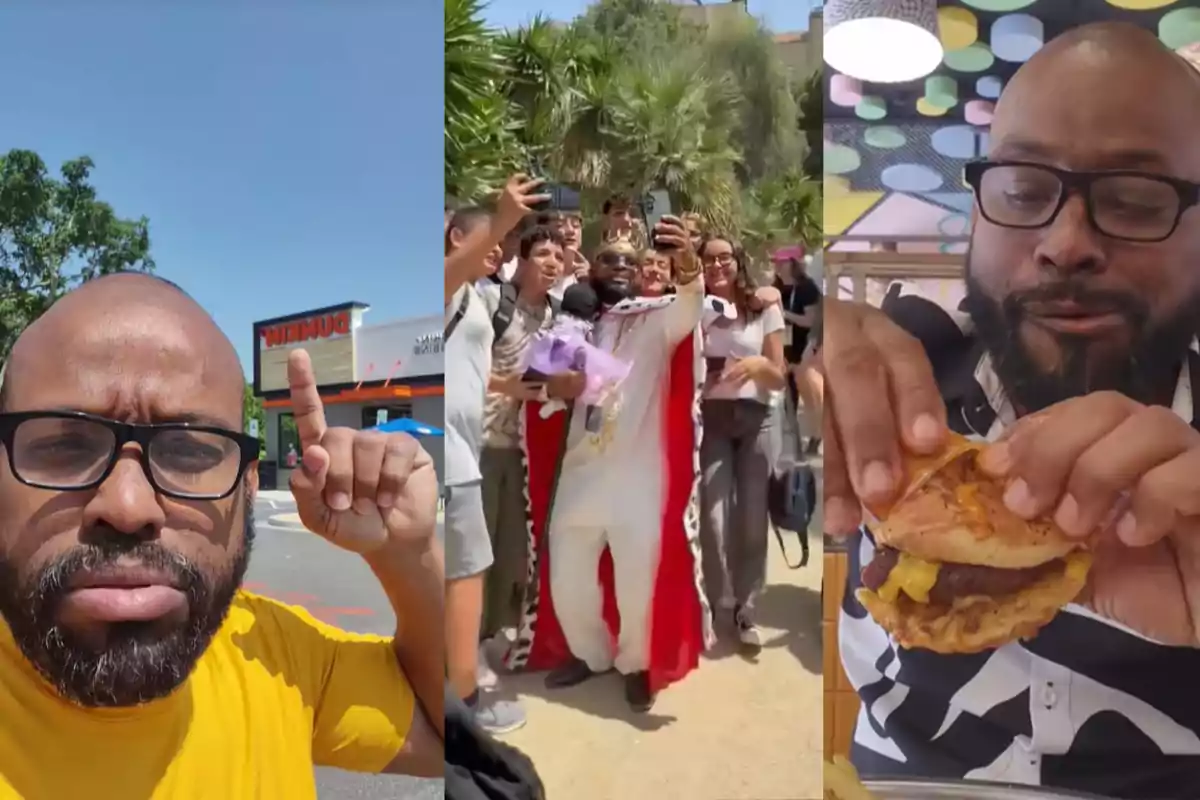 Un hombre con gafas aparece en tres situaciones diferentes en una imagen dividida en tres partes en la primera señala un letrero de Dunkin en la segunda está rodeado de jóvenes tomándose una selfie mientras lleva una capa de rey y en la tercera sostiene una hamburguesa y parece estar a punto de comerla