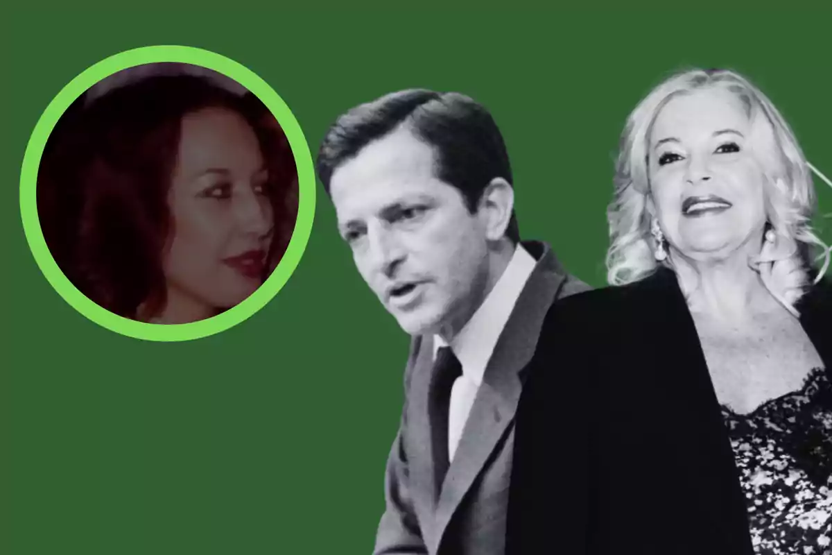 Tres personas en una composición digital sobre fondo verde, una mujer en un círculo a la izquierda y una pareja en blanco y negro a la derecha