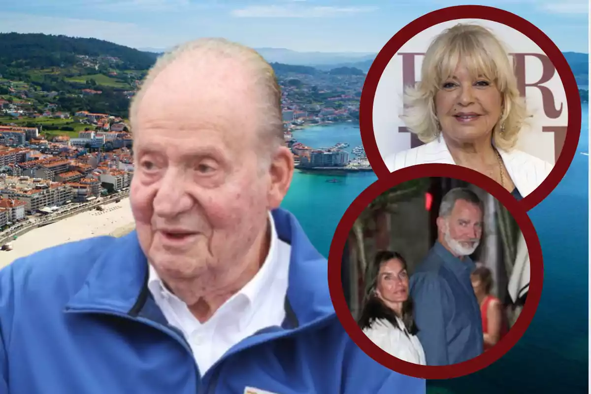 Un hombre mayor con chaqueta azul en primer plano sobre un fondo de ciudad costera con dos círculos que muestran a una mujer rubia y a una pareja