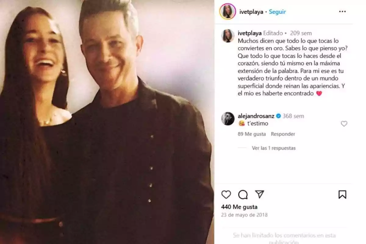 Una mujer y un hombre sonríen juntos en una foto, ambos vestidos de negro, mientras al lado se muestra una publicación de Instagram con un mensaje emotivo y comentarios. Una mujer y un hombre sonríen juntos en una foto, ambos vestidos de negro, mientras al lado se muestra una publicación de Instagram con un mensaje emotivo y comentarios.
