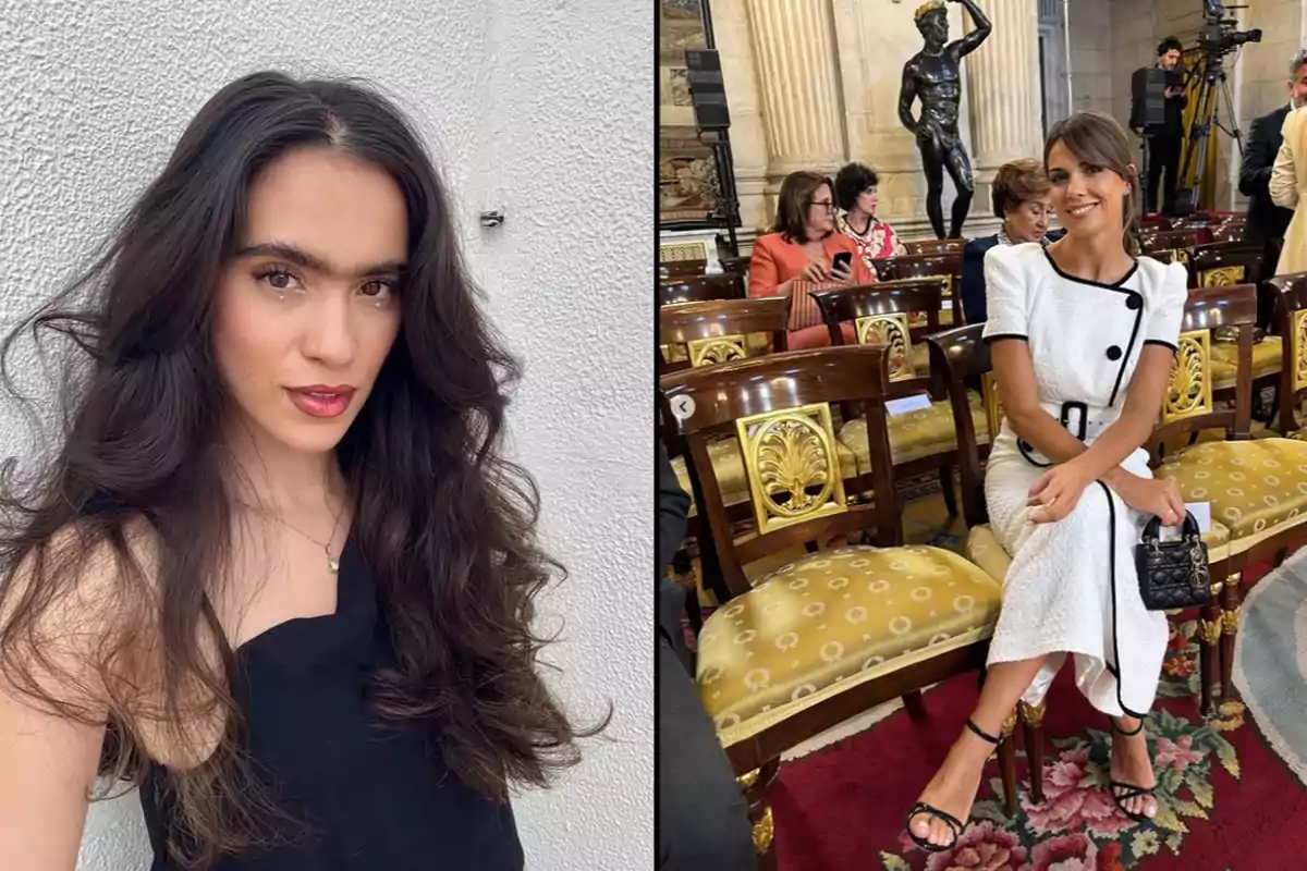 Dos mujeres posan en diferentes escenarios, una con cabello largo y suelto frente a una pared clara y otra sentada en una silla elegante en un salón decorado, usando un vestido blanco con detalles negros Dos mujeres posan en diferentes escenarios, una con cabello largo y suelto frente a una pared clara y otra sentada en una silla elegante en un salón decorado, usando un vestido blanco con detalles negros