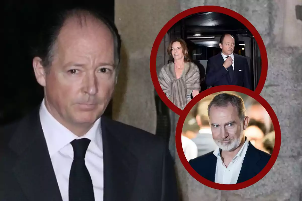 Hombre de traje oscuro en primer plano con dos recuadros circulares mostrando a una pareja elegantemente vestida y a otro hombre de barba canosa