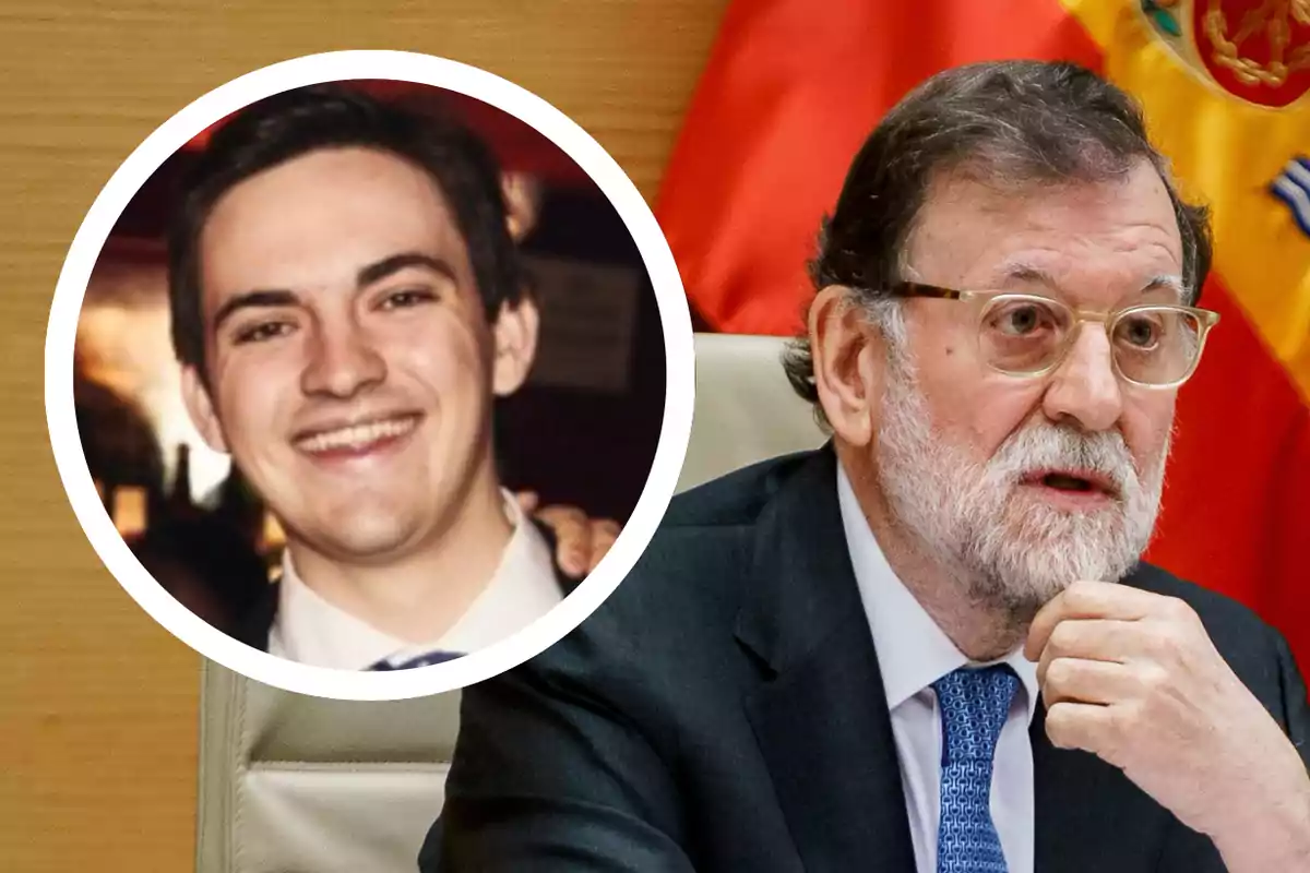 Un hombre mayor con barba y gafas está sentado junto a una bandera, mientras que en un círculo superpuesto aparece la imagen de un joven sonriendo.