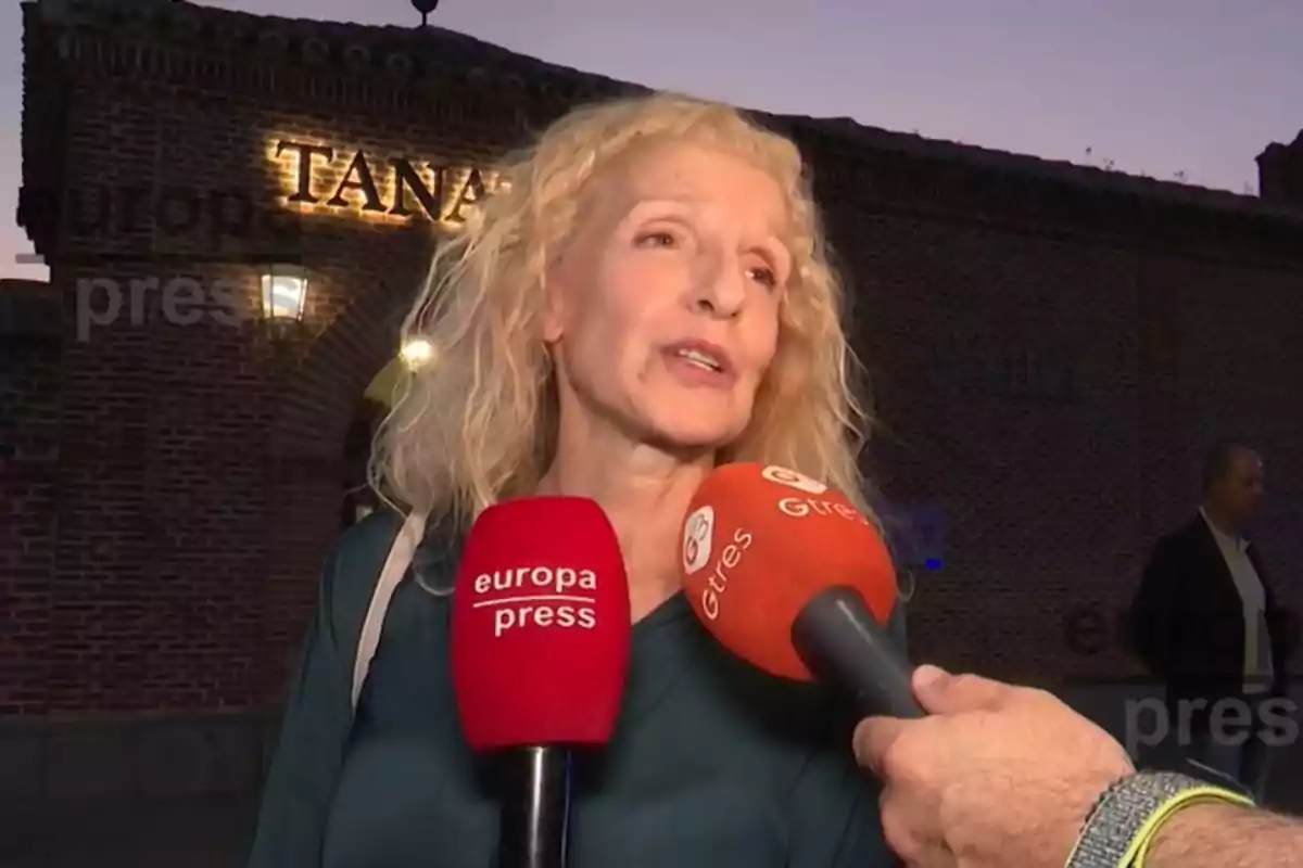 Mujer de cabello rubio rizado siendo entrevistada por varios medios frente a un edificio de ladrillo al atardecer Mujer de cabello rubio rizado siendo entrevistada por varios medios frente a un edificio de ladrillo al atardecer