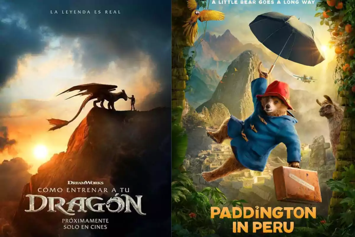 Carteles de las películas Cómo entrenar a tu dragón y Paddington in Peru uno al lado del otro Carteles de las películas Cómo entrenar a tu dragón y Paddington in Peru uno al lado del otro