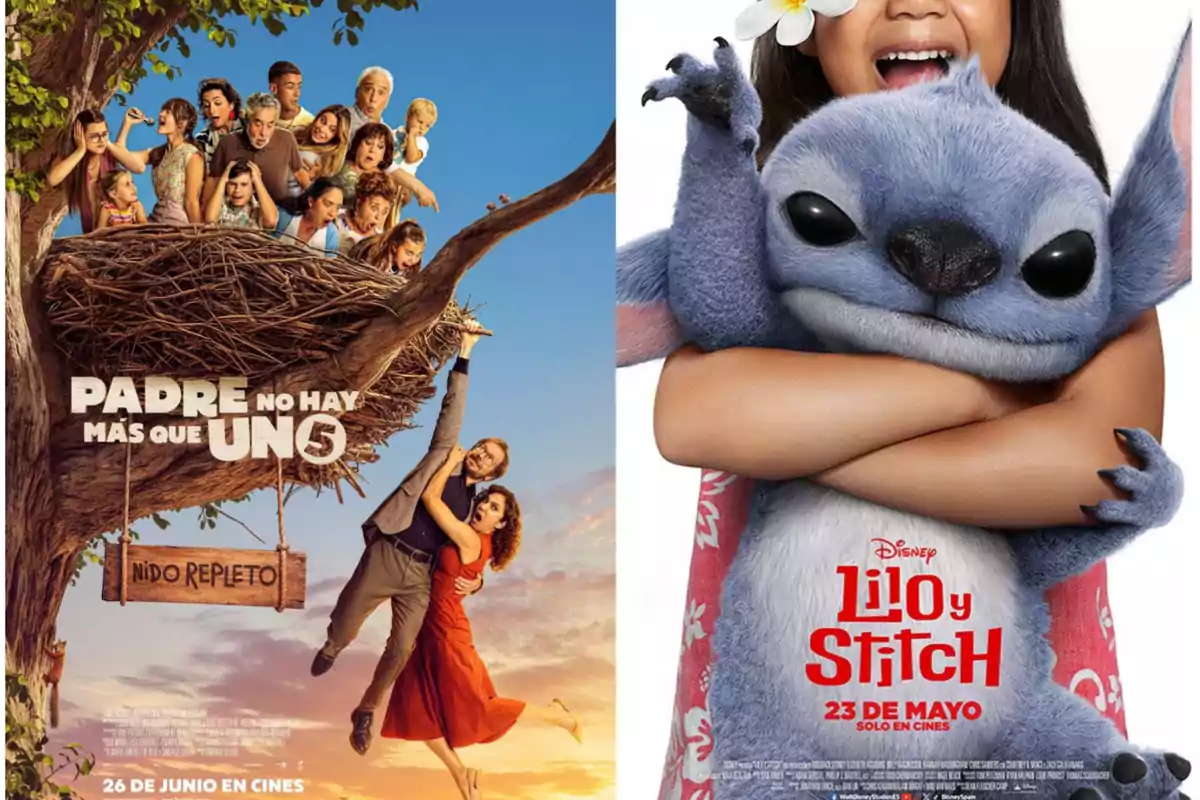 Carteles de las películas Padre no hay más que uno 3 y Lilo y Stitch, una con una familia en un nido gigante y otra con una niña abrazando a un personaje azul de orejas grandes Carteles de las películas Padre no hay más que uno 3 y Lilo y Stitch, una con una familia en un nido gigante y otra con una niña abrazando a un personaje azul de orejas grandes