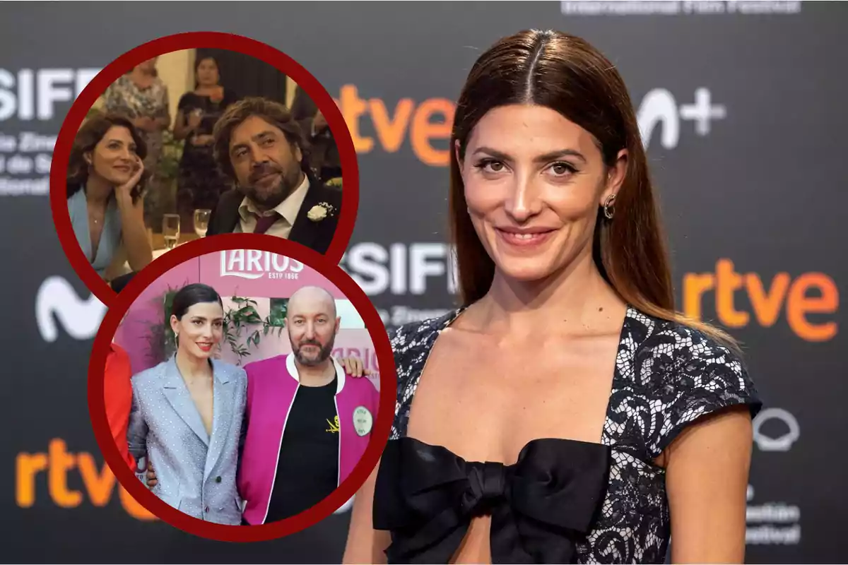 Una mujer con vestido elegante posa en una alfombra roja mientras dos recuadros muestran escenas diferentes, una con dos personas en una fiesta y otra con una pareja posando frente a un fondo rosa