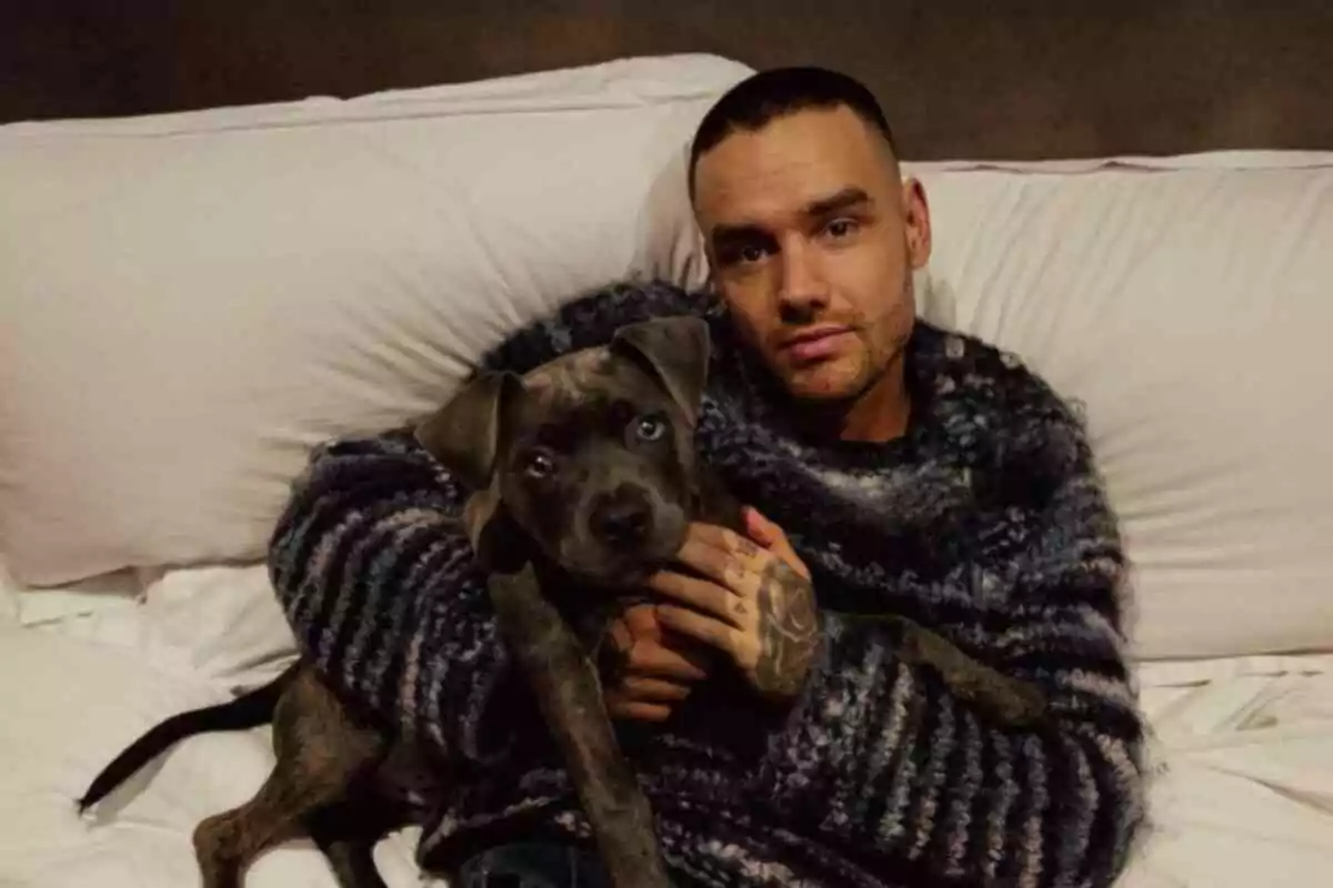 Liam Payne con un suéter de rayas sostiene a un cachorro en una cama.