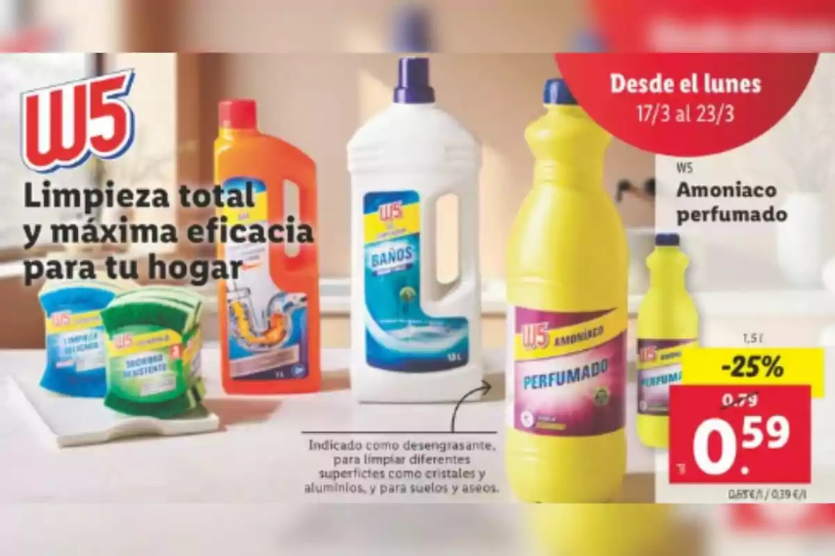 Productos de limpieza W5 de Lidl en oferta, incluyendo amoniaco perfumado con un 25% de descuento, ideal para desengrasar y limpiar diversas superficies del hogar. Productos de limpieza W5 de Lidl en oferta, incluyendo amoniaco perfumado con un 25% de descuento, ideal para desengrasar y limpiar diversas superficies del hogar.