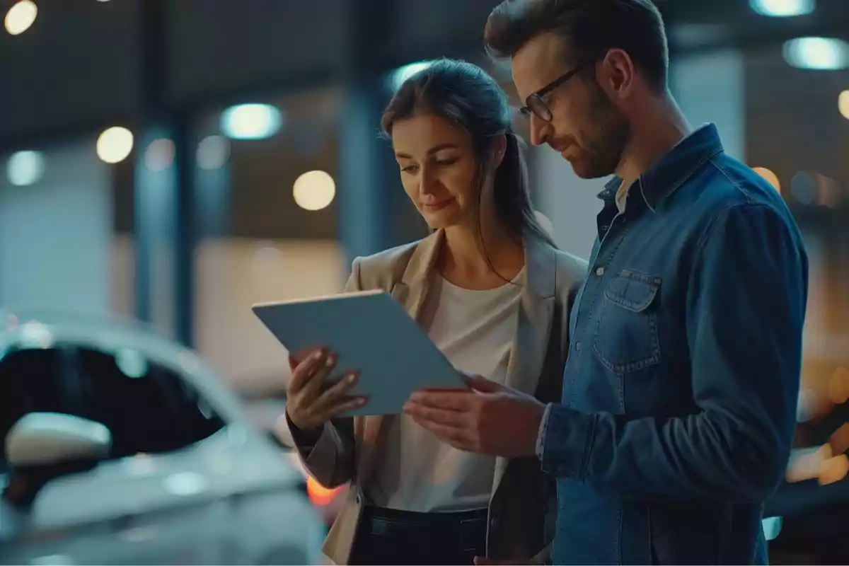 Dos personas revisan información en una tablet en un entorno moderno y bien iluminado.