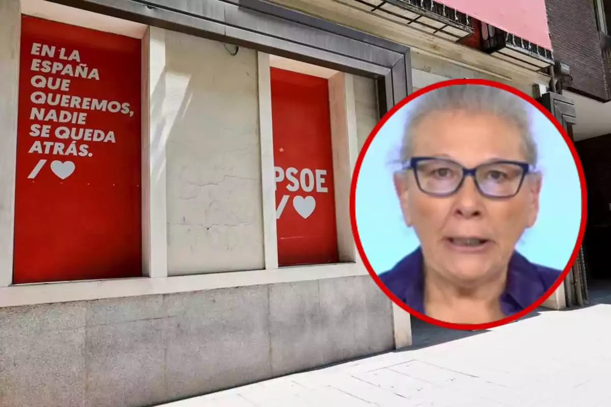 Una fachada con carteles del PSOE y un retrato de una persona con gafas en un círculo rojo superpuesto.