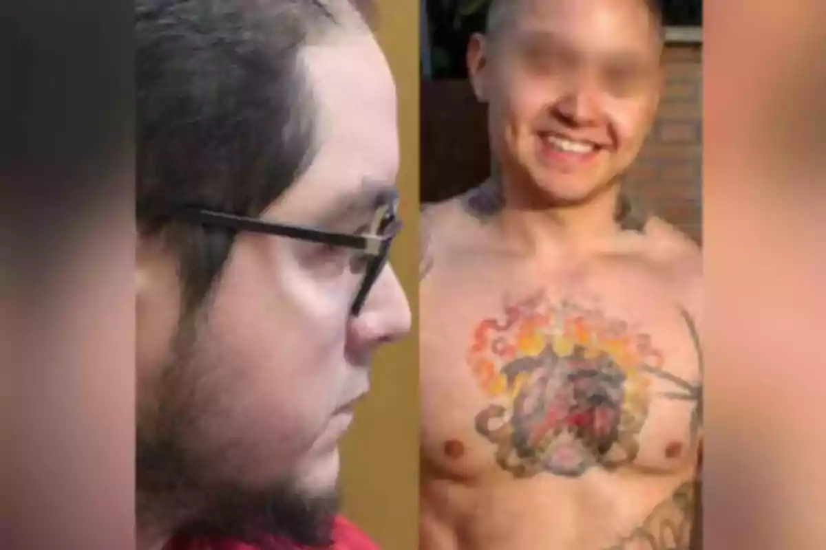 Dos hombres, uno de perfil con gafas y otro sonriendo con el torso desnudo mostrando tatuajes en el pecho.