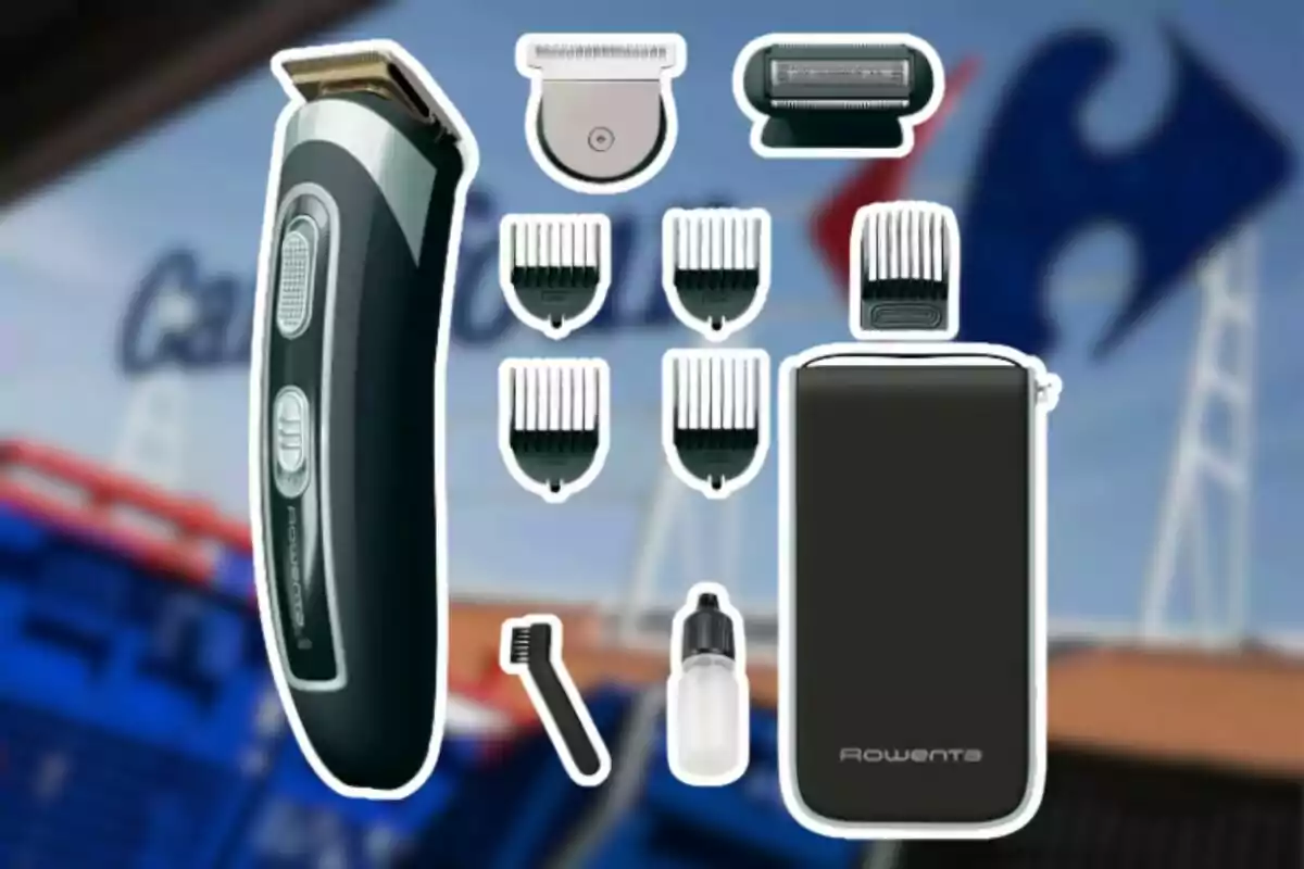 Kit de cortadora de cabello y barba con varios peines, accesorios y estuche frente a un fondo borroso de una tienda Kit de cortadora de cabello y barba con varios peines, accesorios y estuche frente a un fondo borroso de una tienda