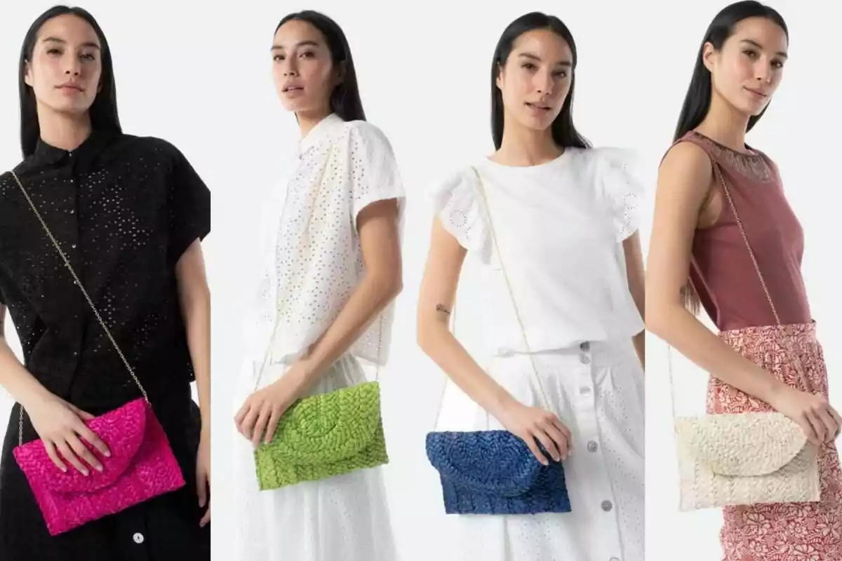 Mujer posando con diferentes atuendos y bolsos de mano de colores rosa, verde, azul y beige Mujer posando con diferentes atuendos y bolsos de mano de colores rosa, verde, azul y beige