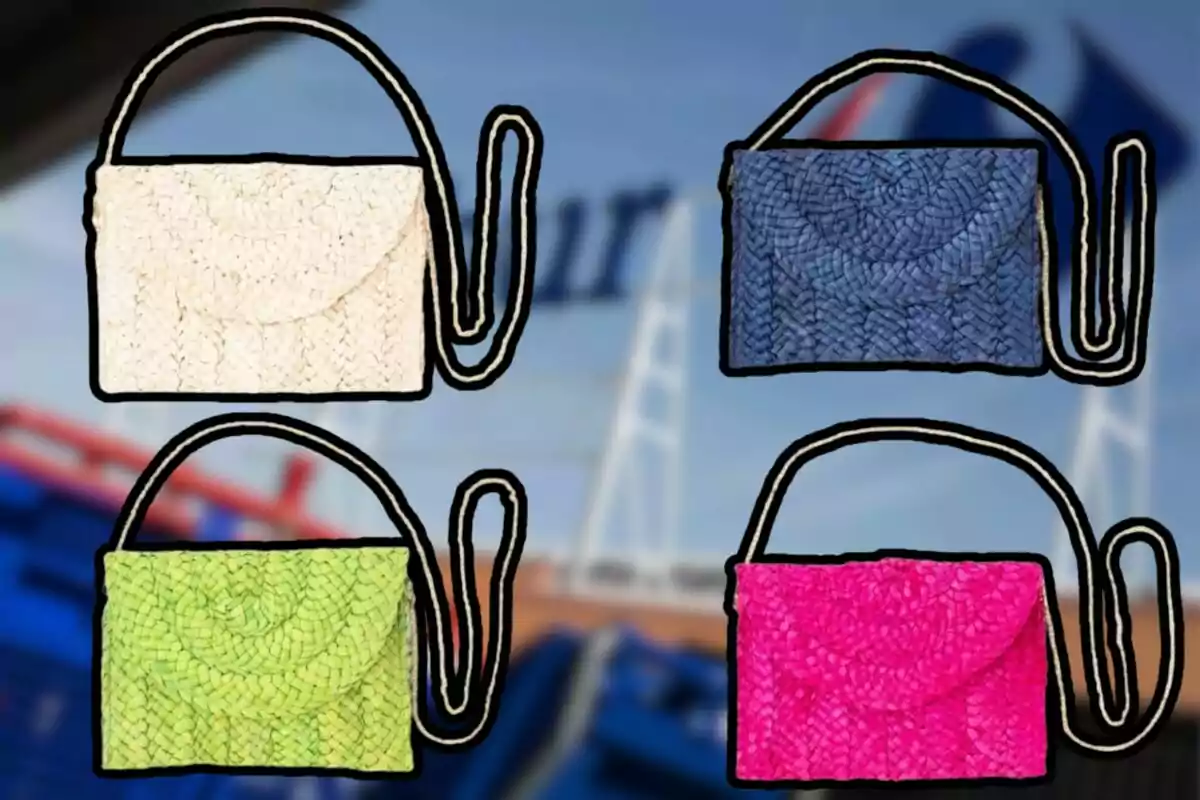 Cuatro bolsos de rafia en colores blanco, azul, verde y rosa con fondo desenfocado Cuatro bolsos de rafia en colores blanco, azul, verde y rosa con fondo desenfocado