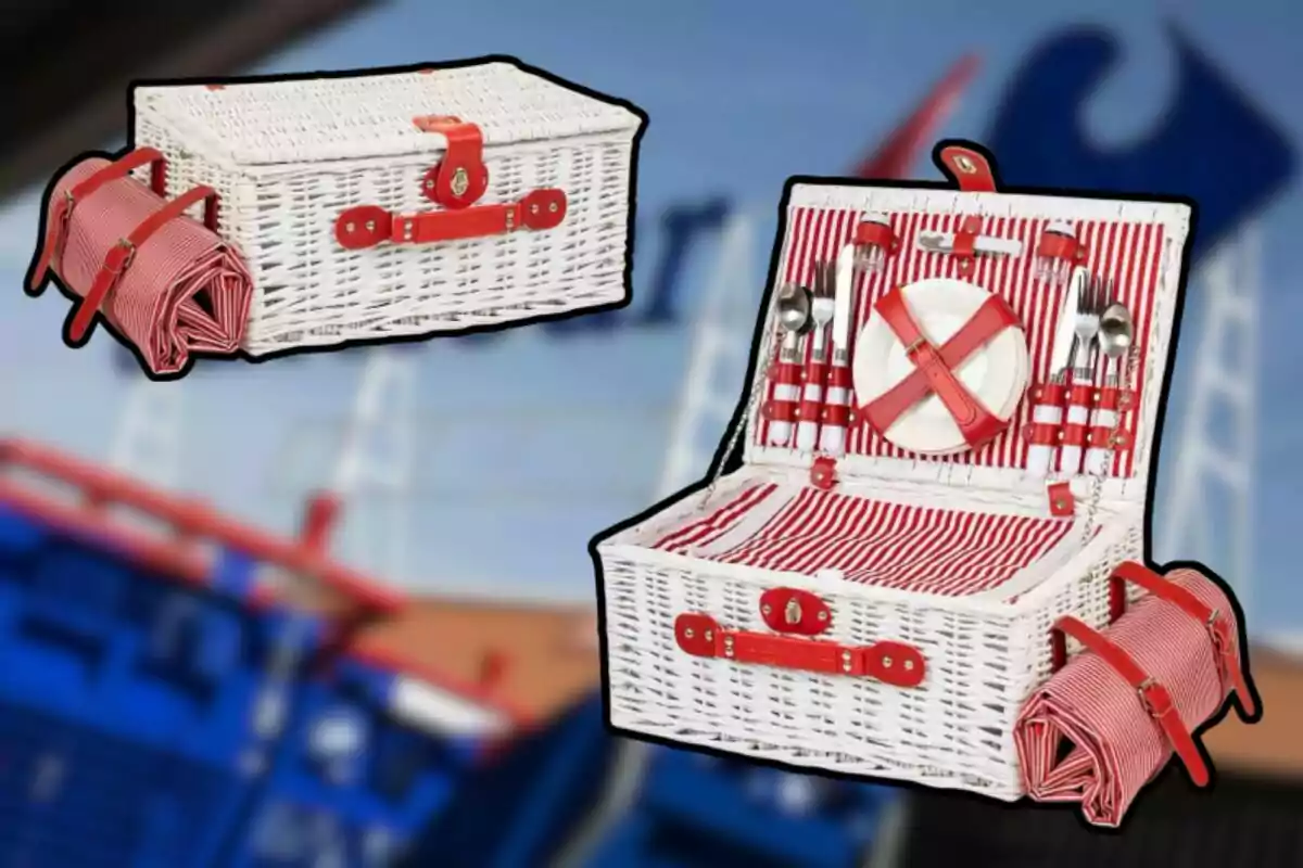 Cesta de picnic blanca con detalles rojos, incluye cubiertos, platos y un mantel a rayas rojas y blancas Cesta de picnic blanca con detalles rojos, incluye cubiertos, platos y un mantel a rayas rojas y blancas