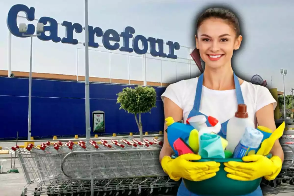 Mujer sonriente con guantes amarillos sostiene productos de limpieza frente a un supermercado Carrefour y varios carritos de compra