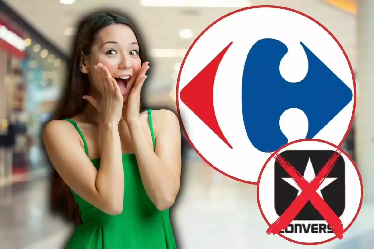 Una mujer sorprendida con un vestido verde junto a un logotipo azul y rojo y otro logotipo tachado en un centro comercial.