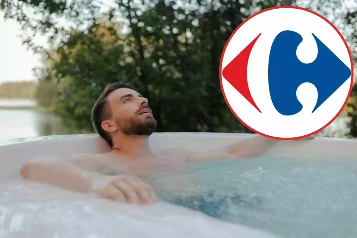 Hombre relajándose en un jacuzzi al aire libre con un logotipo superpuesto. Hombre relajándose en un jacuzzi al aire libre con un logotipo superpuesto.