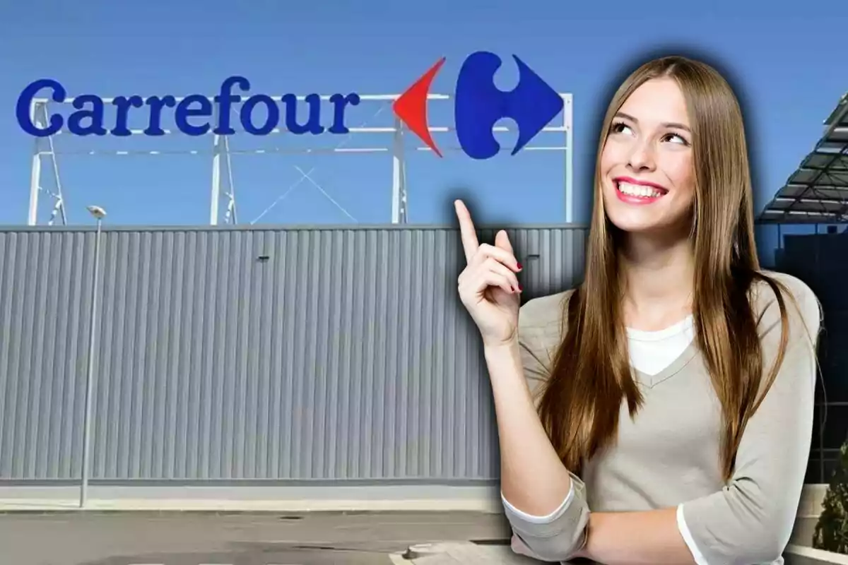 Mujer sonriente señalando hacia el letrero de Carrefour en la fachada de un edificio bajo un cielo despejado