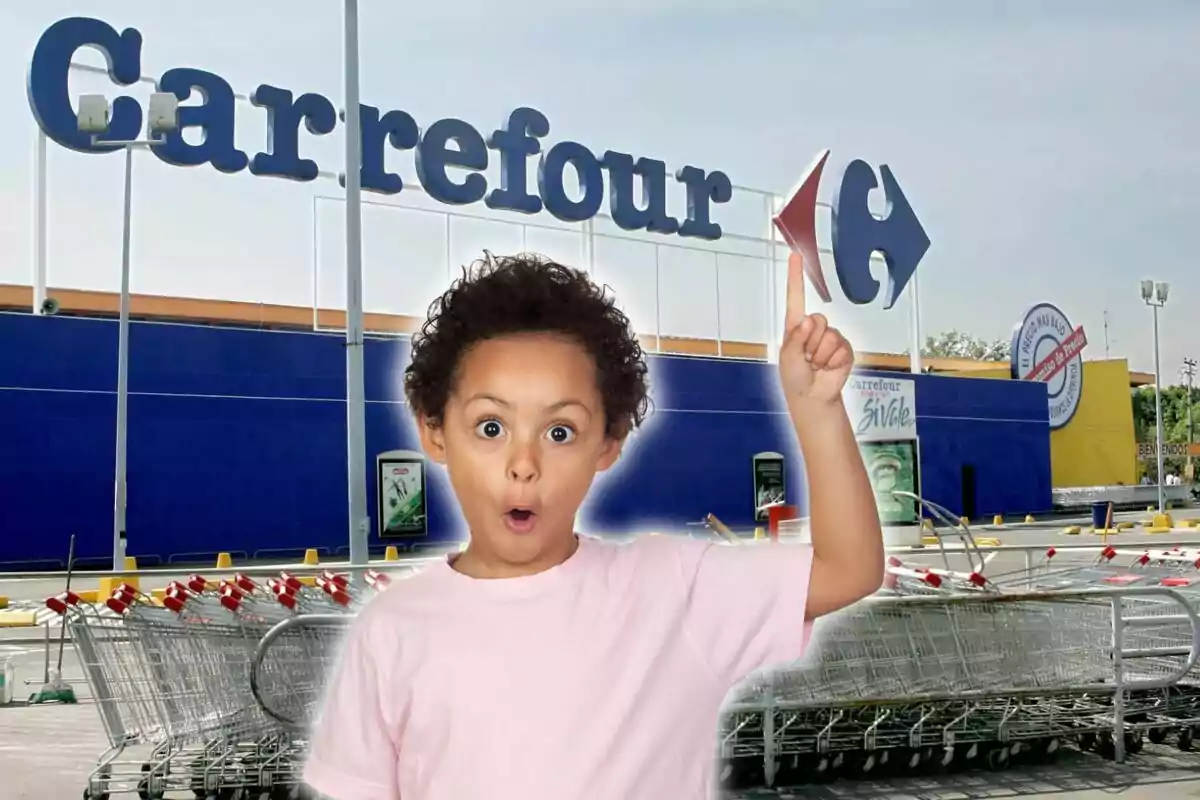 Un niño con expresión de sorpresa señala hacia el letrero de Carrefour en un estacionamiento con carritos de supermercado.