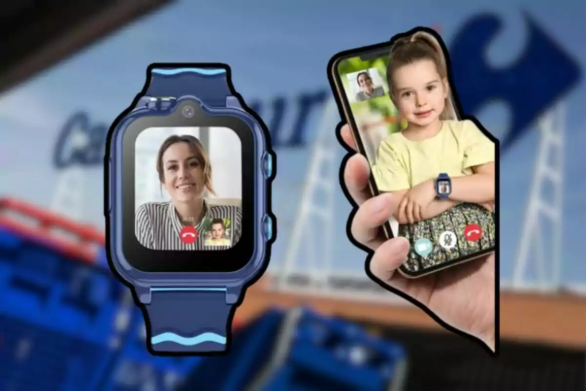 Un reloj inteligente muestra una videollamada con una mujer sonriendo, mientras que una mano sostiene un teléfono móvil que muestra a una niña en otra videollamada, con un fondo desenfocado de un logotipo. Un reloj inteligente muestra una videollamada con una mujer sonriendo, mientras que una mano sostiene un teléfono móvil que muestra a una niña en otra videollamada, con un fondo desenfocado de un logotipo.