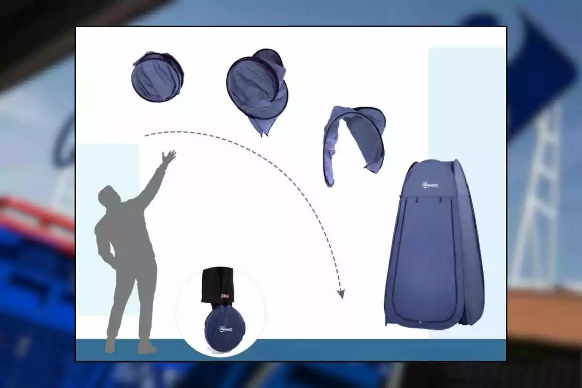 Persona lanzando una bolsa azul que se despliega y se convierte en una tienda portátil vertical Persona lanzando una bolsa azul que se despliega y se convierte en una tienda portátil vertical